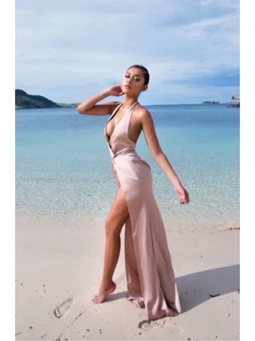 House Of CB Nude Blush Pink Soraya Satin Deep Plunge Slit Backless Maxi Dress